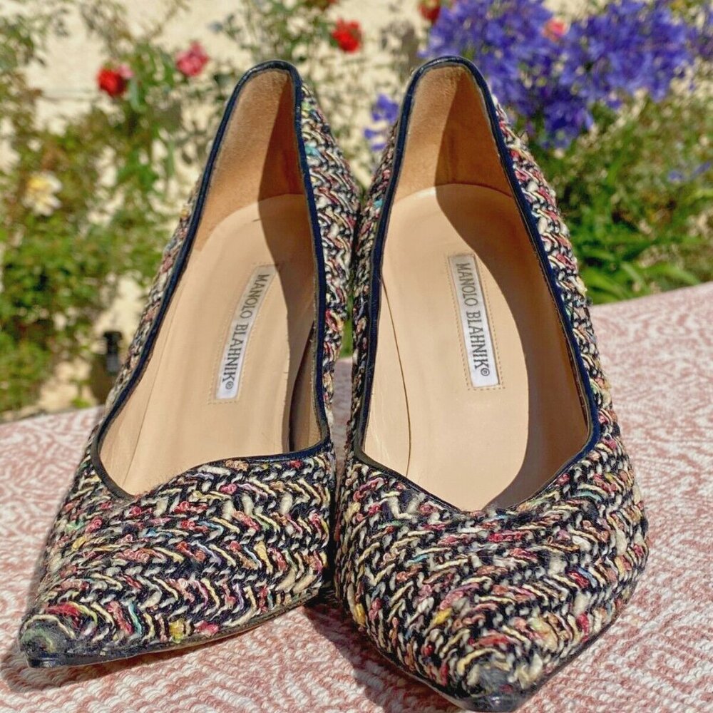 Manolo Blahnik Tweed Patent Leather Heels Pumps Pointed Toe Vtg
